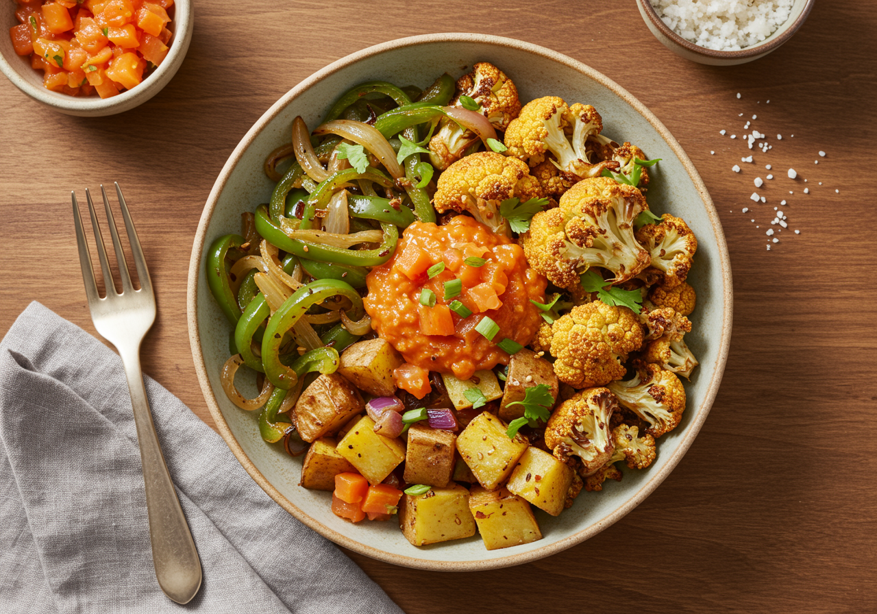 Cauliflower and Potato Burrito Bowls with Spicy Carrot Salsa