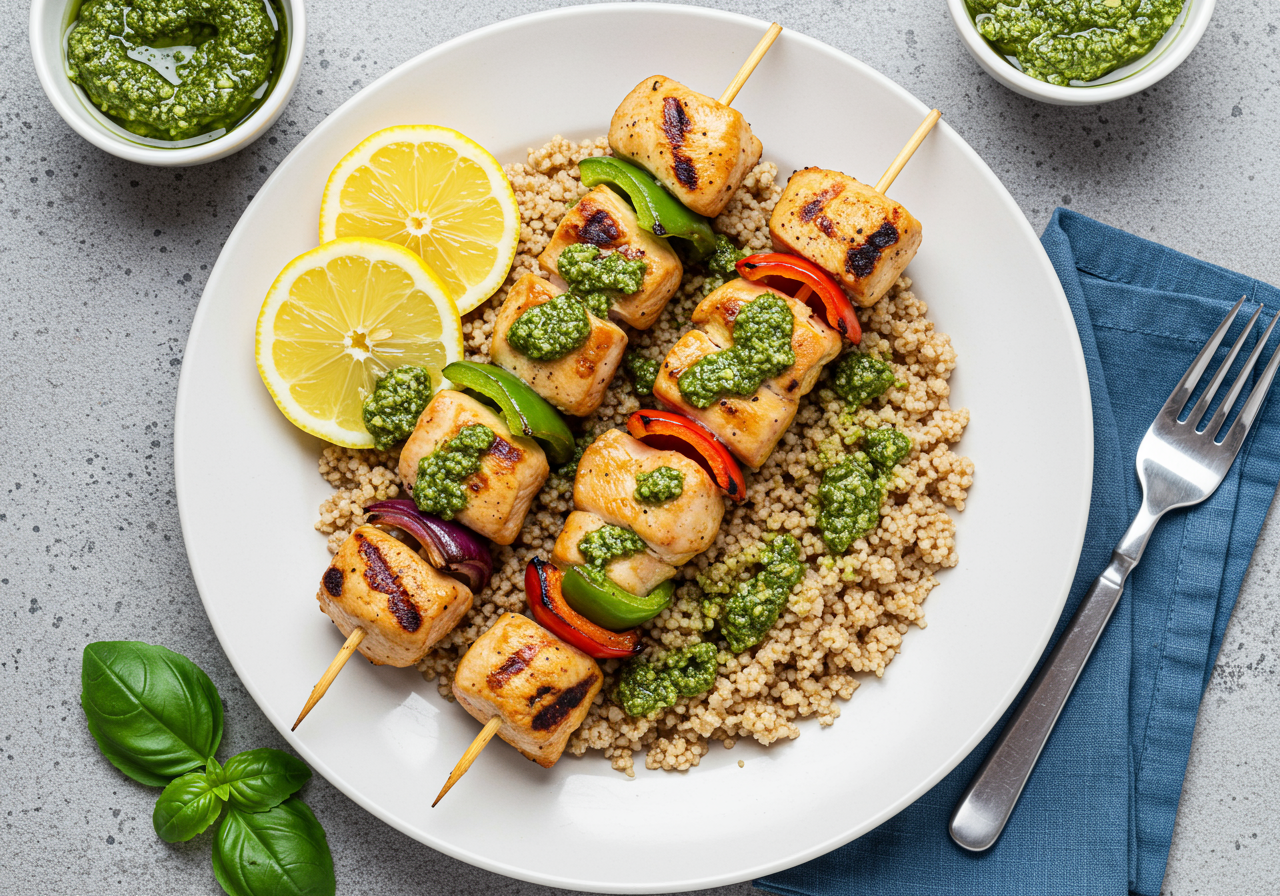 Pesto Chicken and Vegetable Skewers with Whole Wheat Couscous