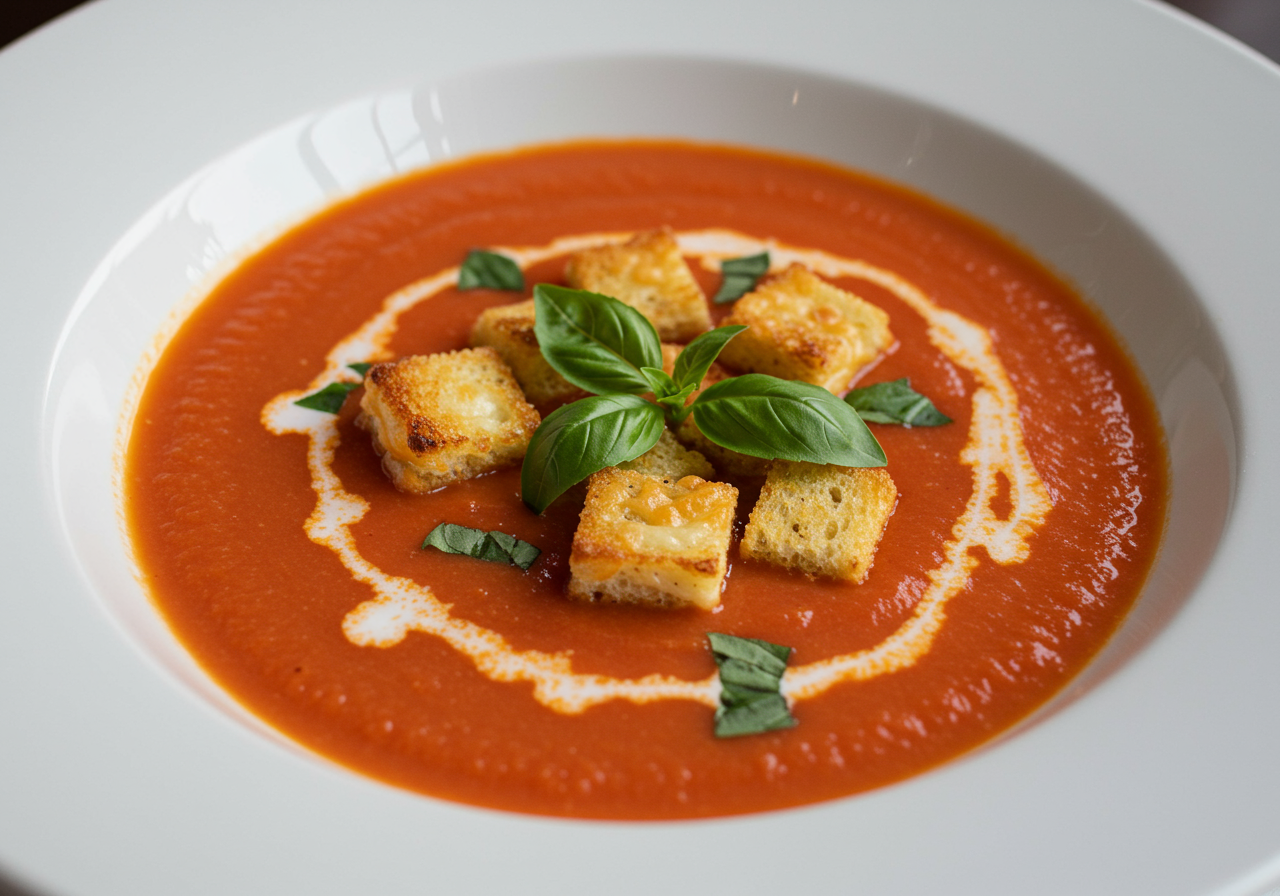 Creamy Tomato Soup with Grilled Cheese Croutons