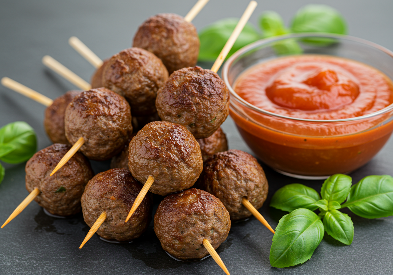 Italian Turkey Meatball Skewers with Marinara Dip