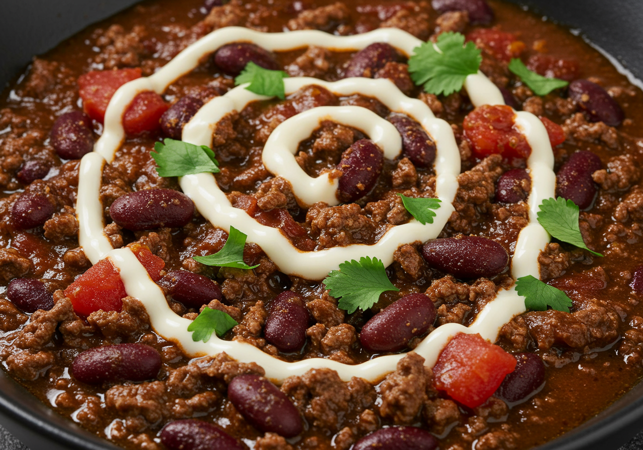 Spicy Venison Chili with Chocolate and Ancho Peppers, Topped with Cilantro-Lime Crema