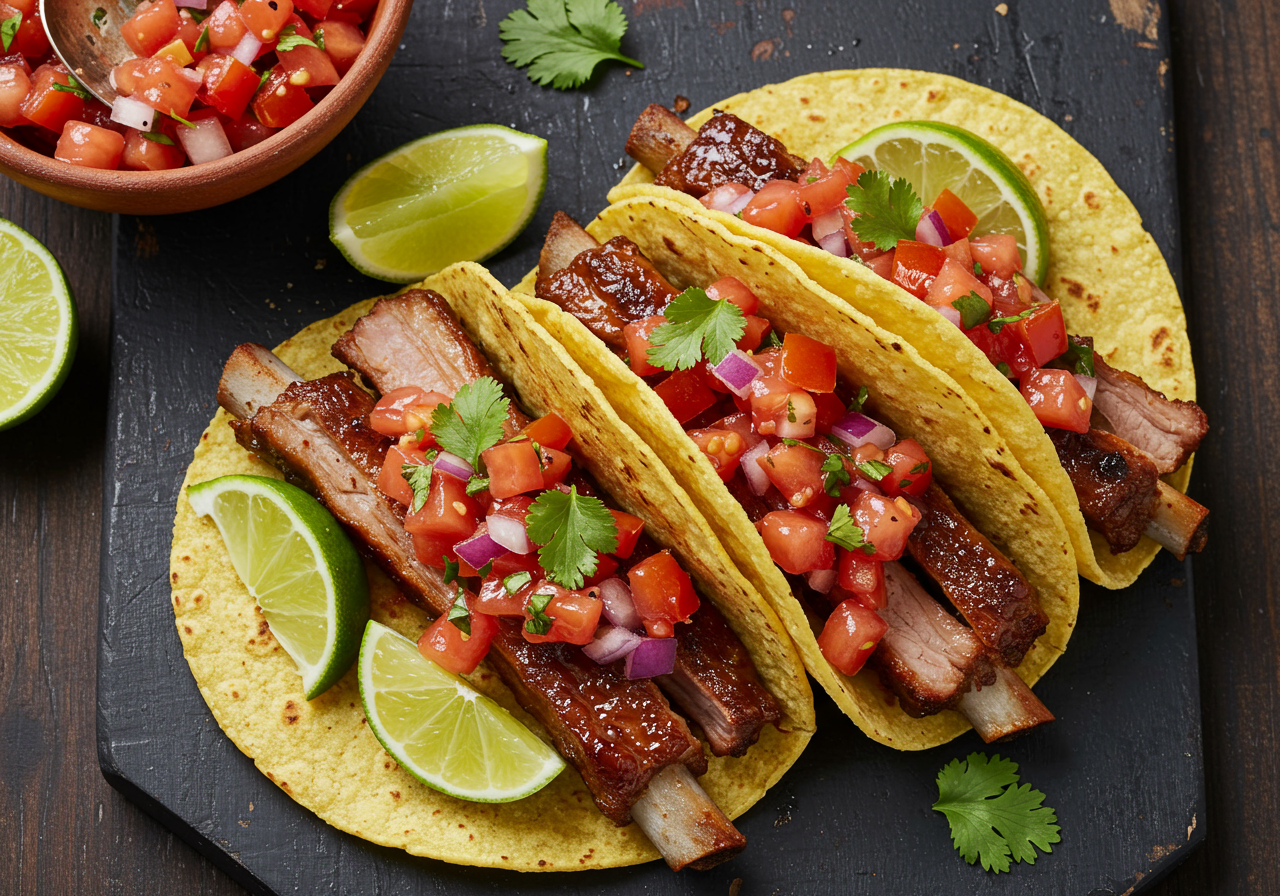 Spicy Pork Rib Tacos with Roasted Tomato & Chipotle Salsa (Enhanced)