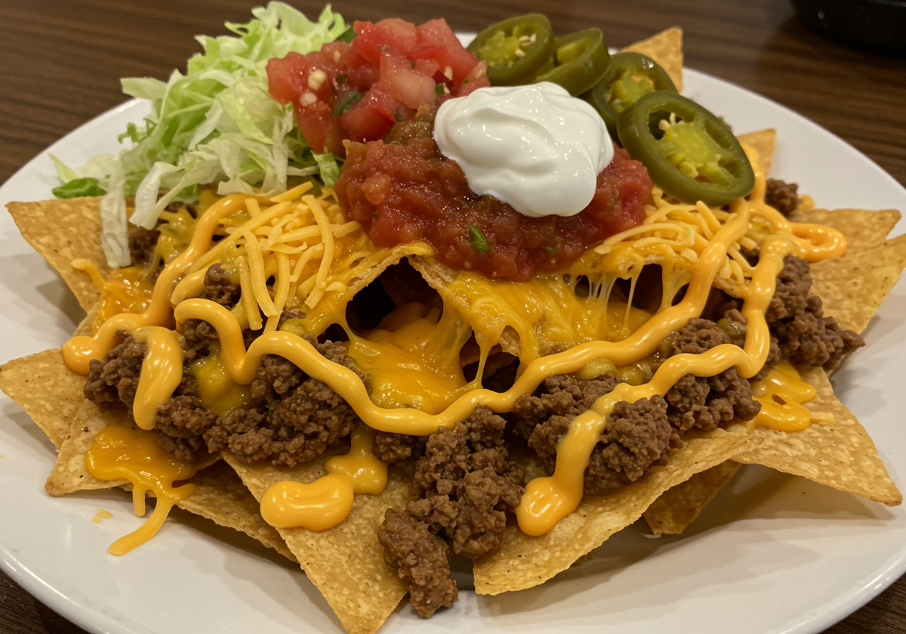Loaded Nachos with Ground Beef and Olive Oil Drizzle