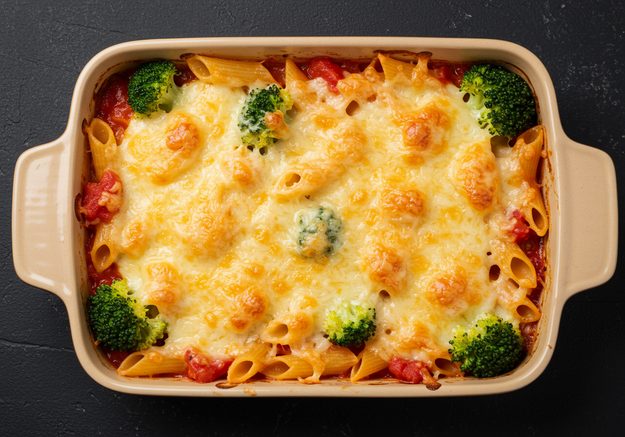 Tomato & Broccoli Pasta Bake with Cheddar Crust
