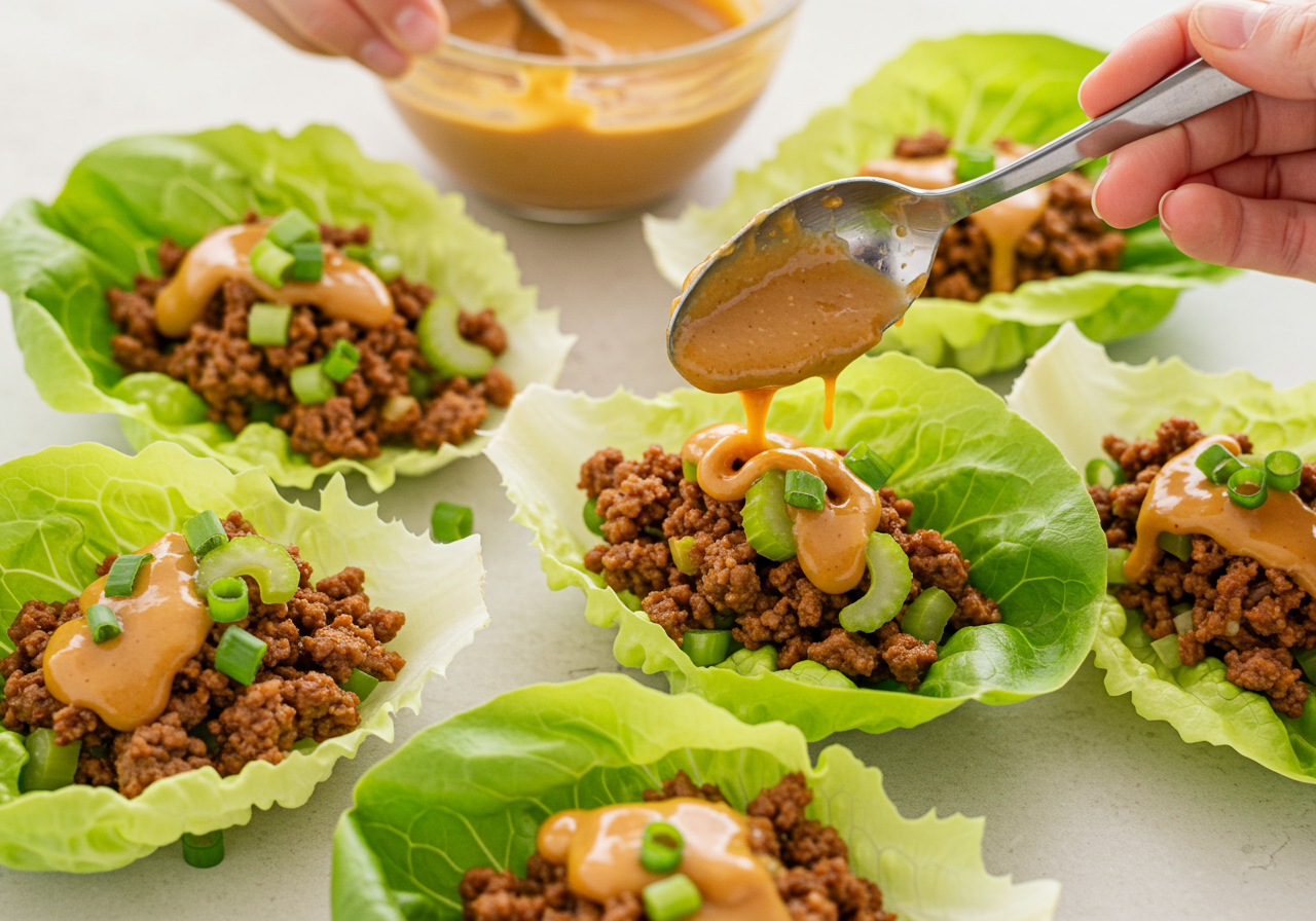 Spicy Ground Beef and Celery Lettuce Cups with Peanut Sauce