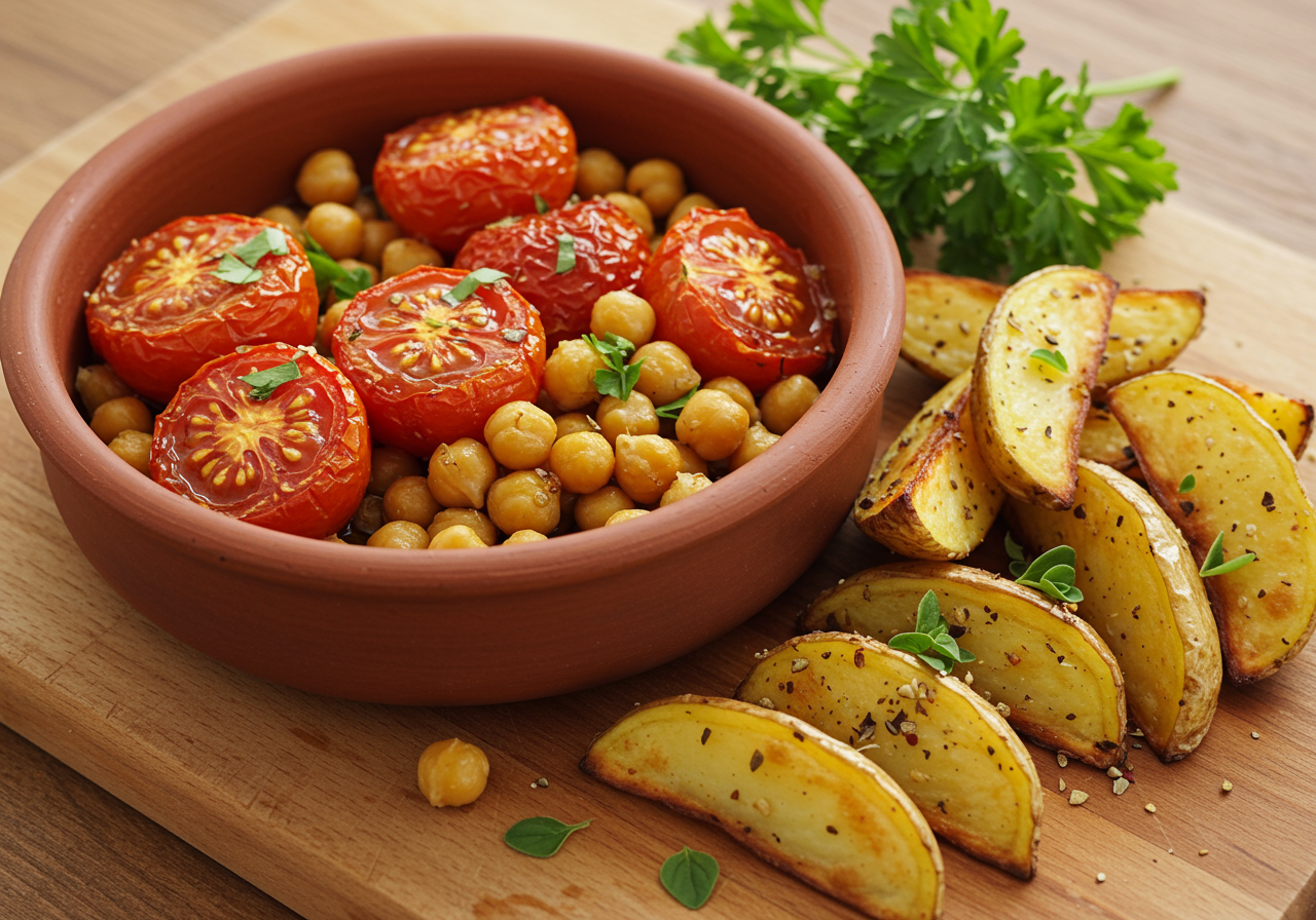 Roasted Tomato and Chickpea Bowl with Potato Wedges