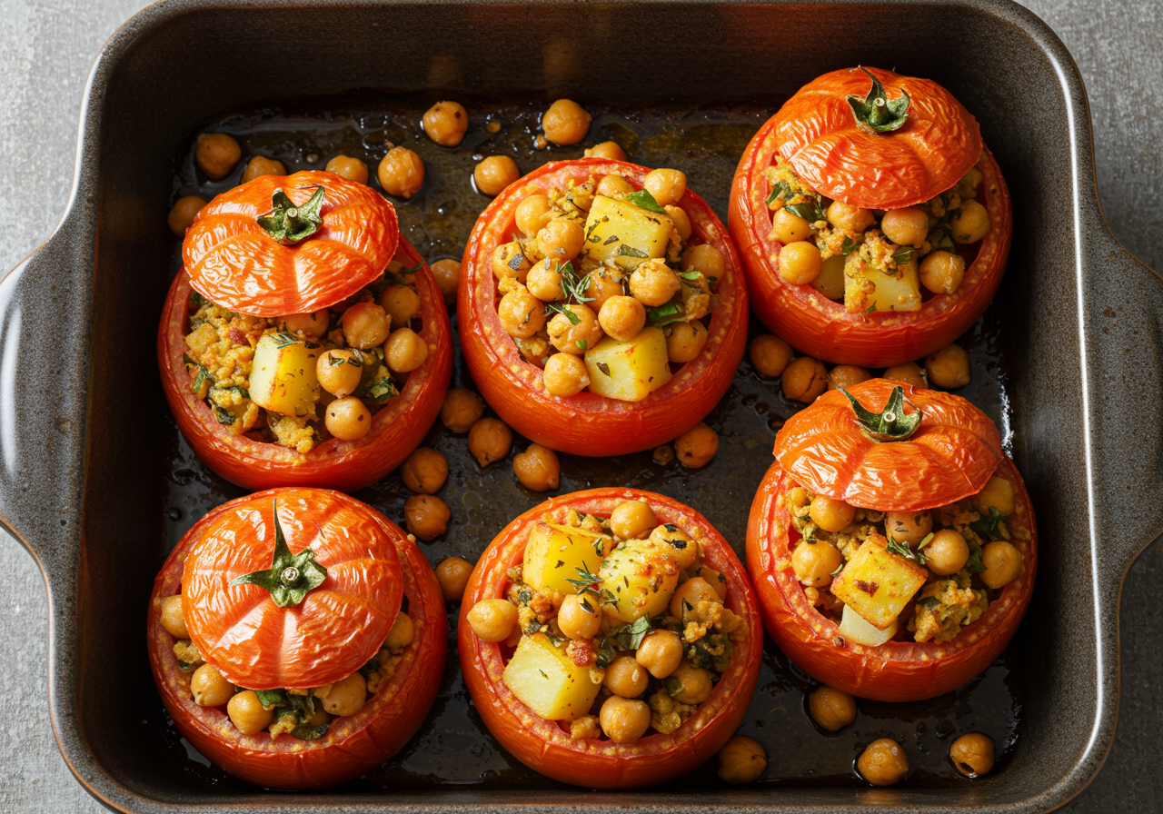 Mediterranean Chickpea & Potato Stuffed Tomatoes