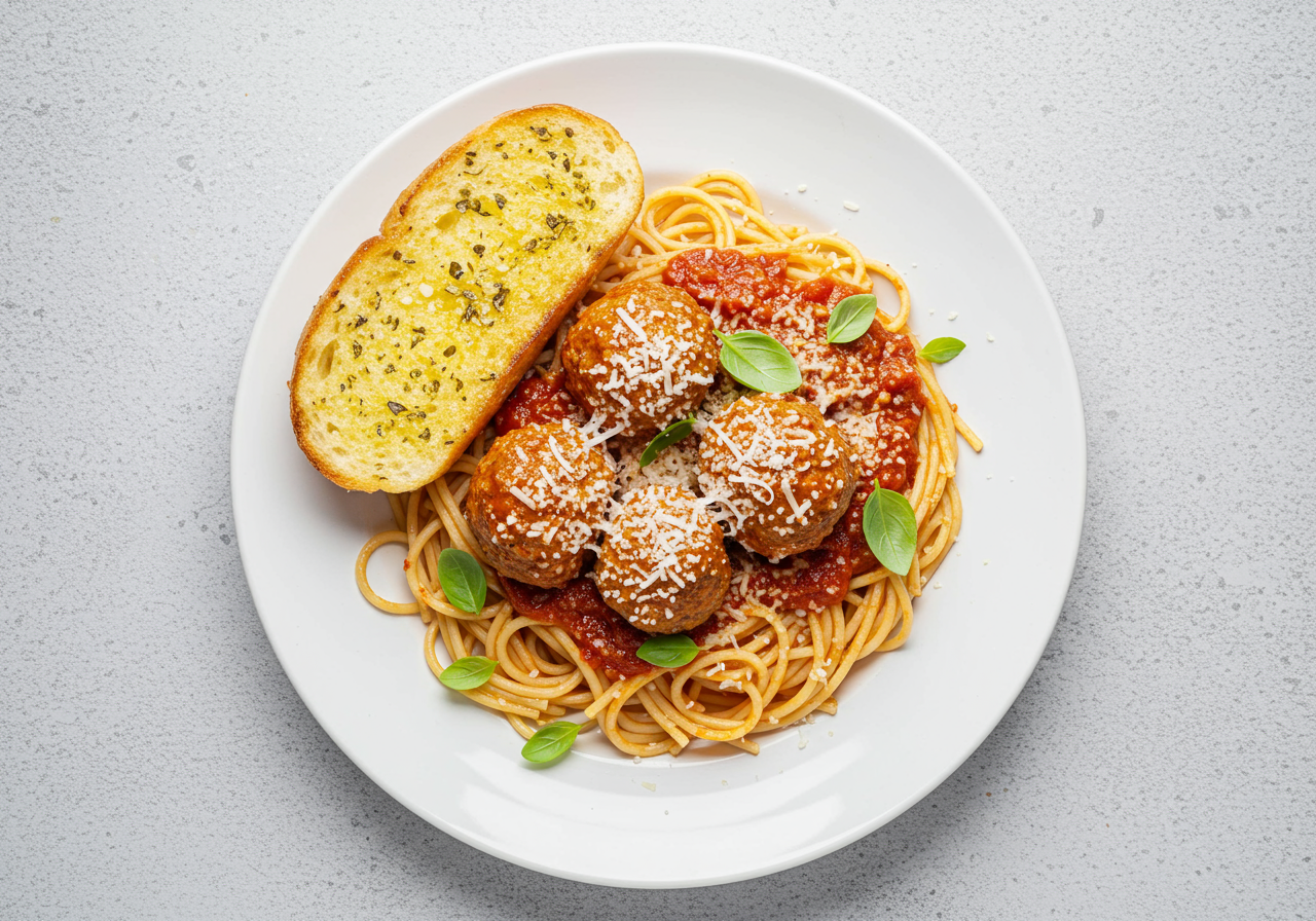Classic Spaghetti and Meatballs with Garlic Bread