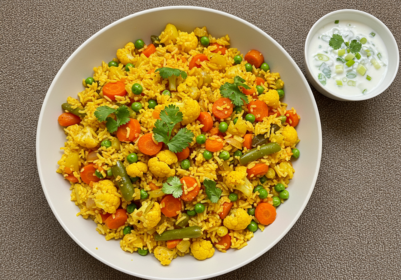 Vegetable Pulao with Yogurt Raita