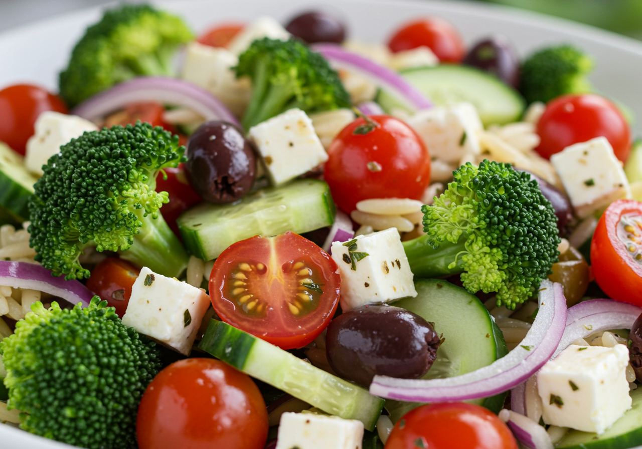 Tomato and Broccoli Orzo Salad with Feta & Kalamata Olives