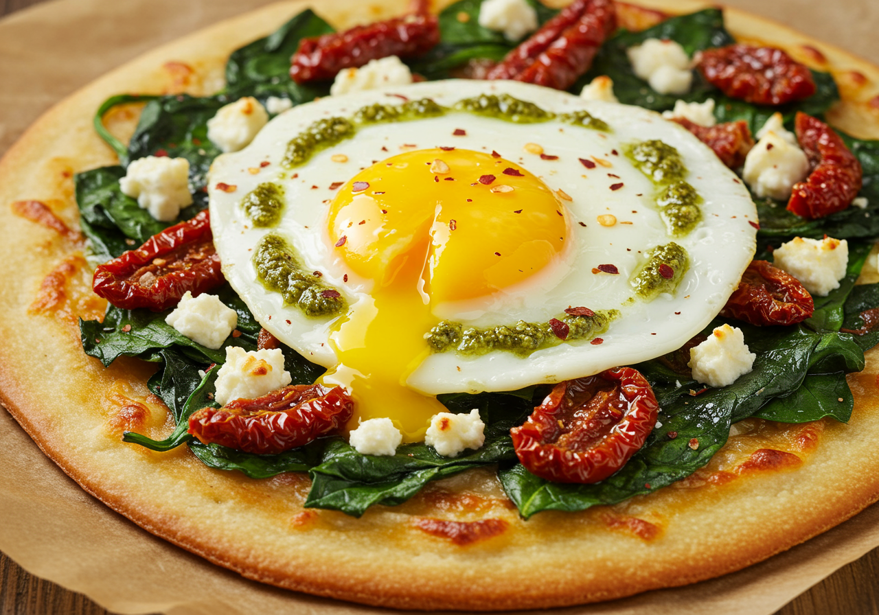 Gourmet Spinach, Feta & Sun-Dried Tomato Breakfast Pizza with Pesto Drizzle