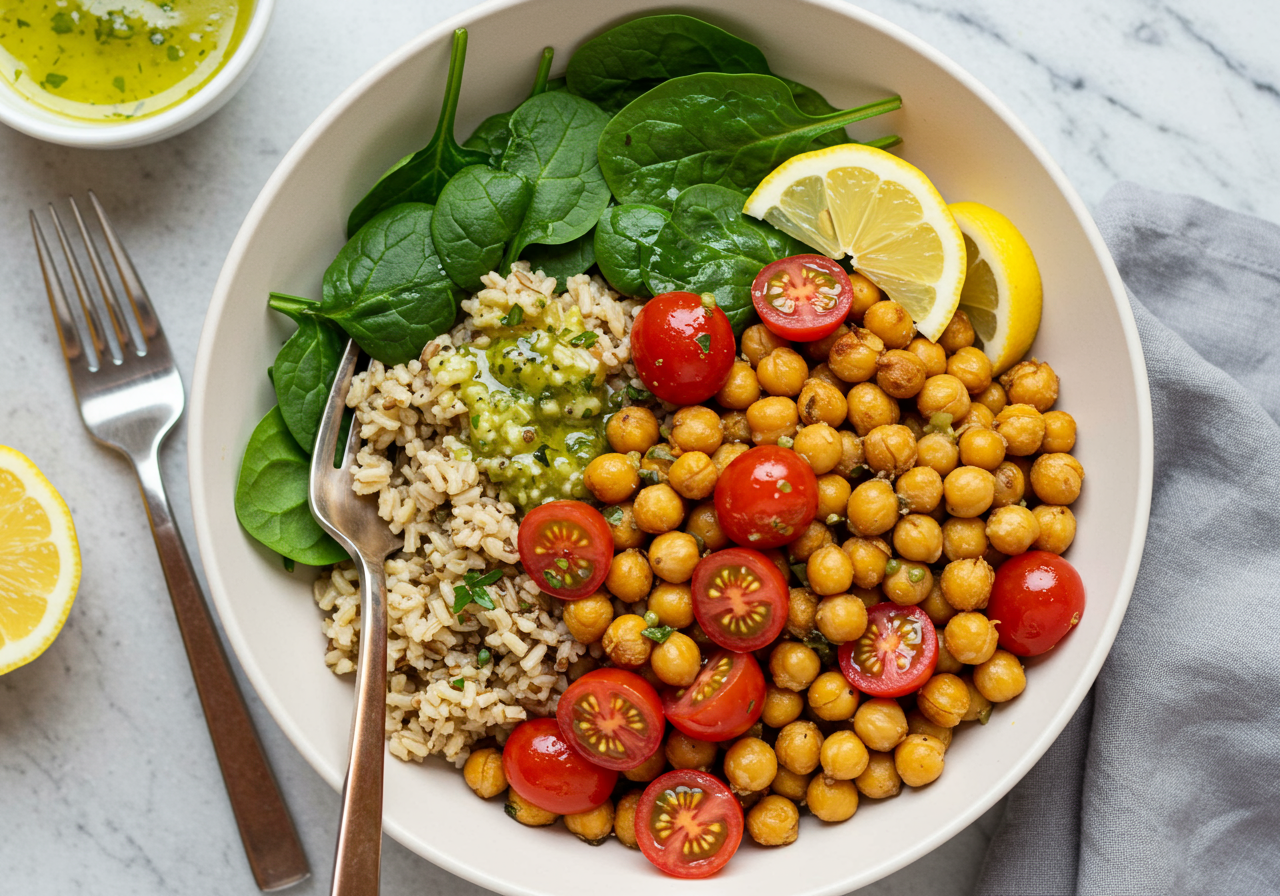Chickpea & Tomato Rice Bowl with Lemon-Herb Dressing