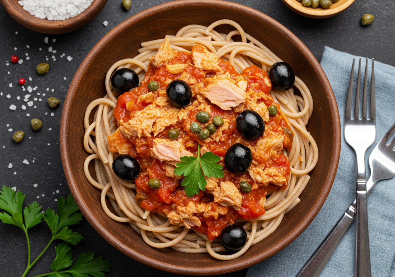 Tuna Puttanesca with Whole Wheat Spaghetti