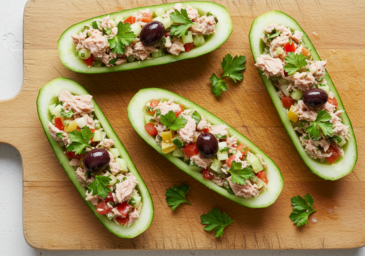 Mediterranean Tuna Salad with Cucumber Boats
