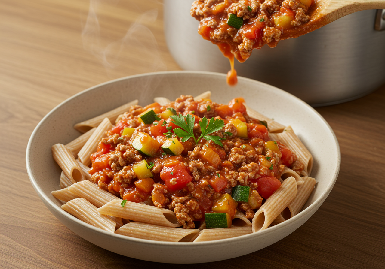 Low-Sodium Turkey & Zucchini Bolognese with Whole Wheat Pasta