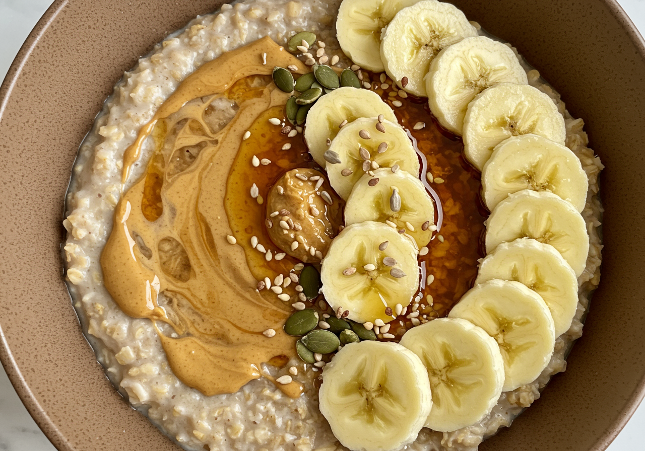 Gourmet Peanut Butter and Banana Oatmeal with Spiced Maple Drizzle
