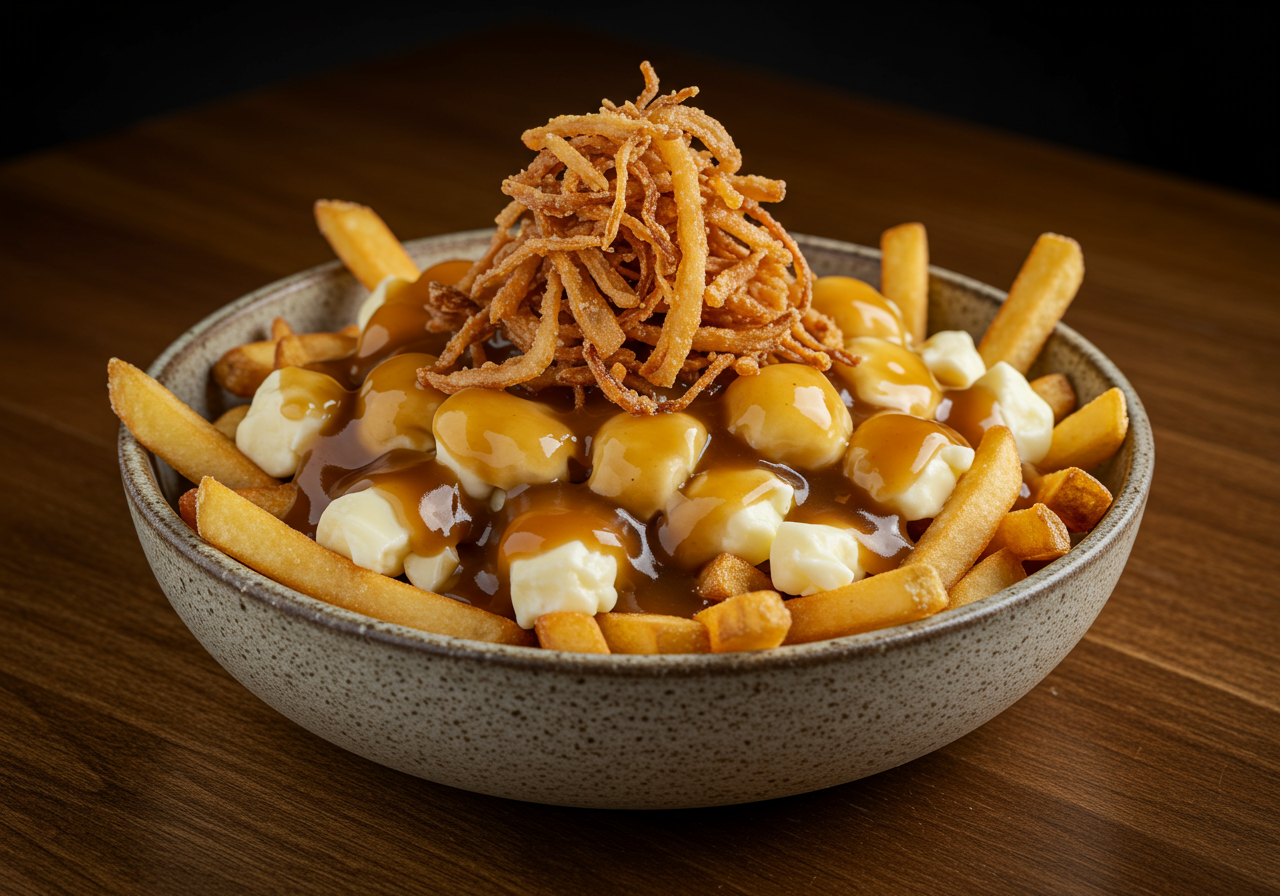 Gourmet Poutine Lunch Bowl with Crispy Onions