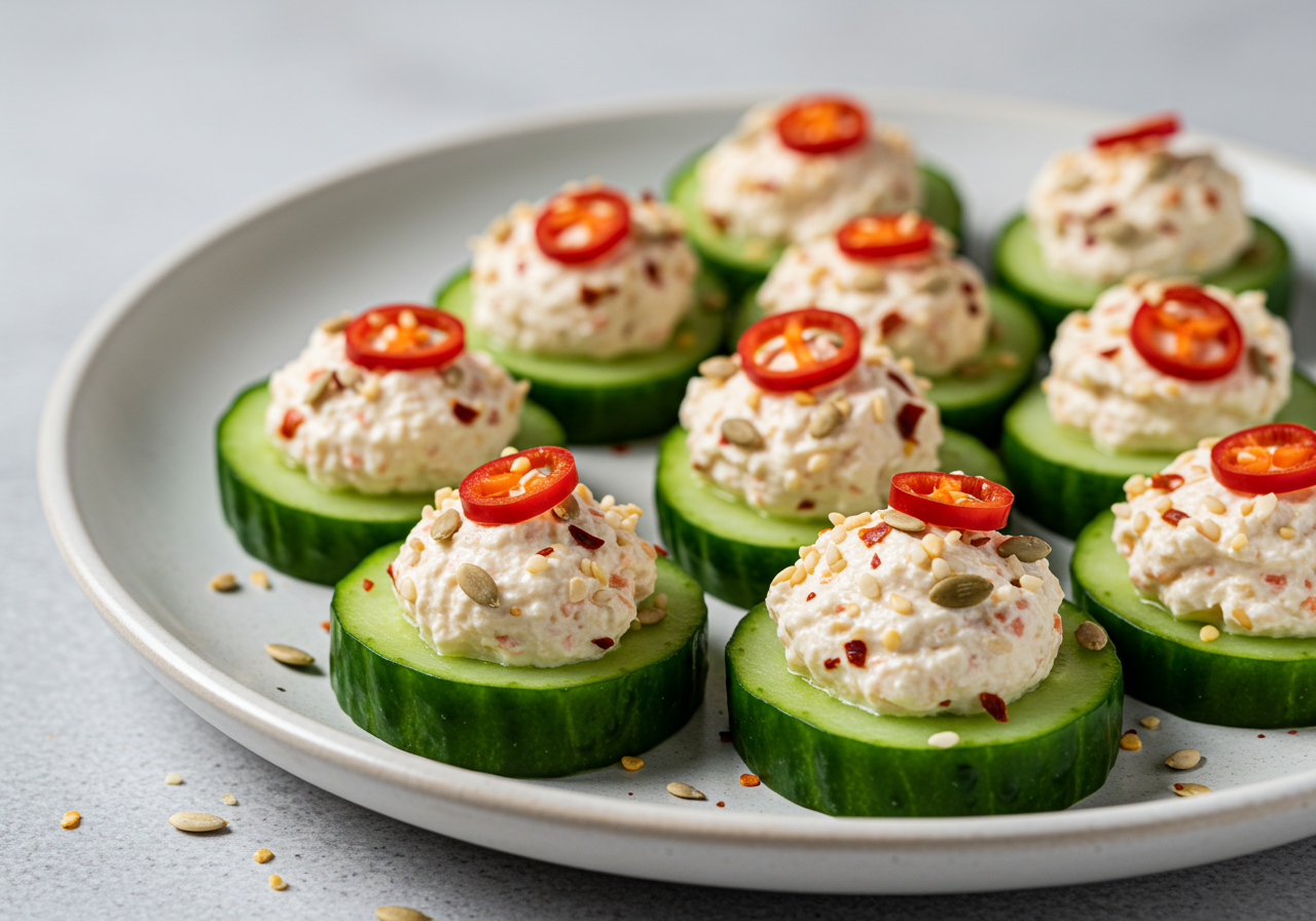 Korean Cucumber Bites with Cream Cheese & Hemp Hearts