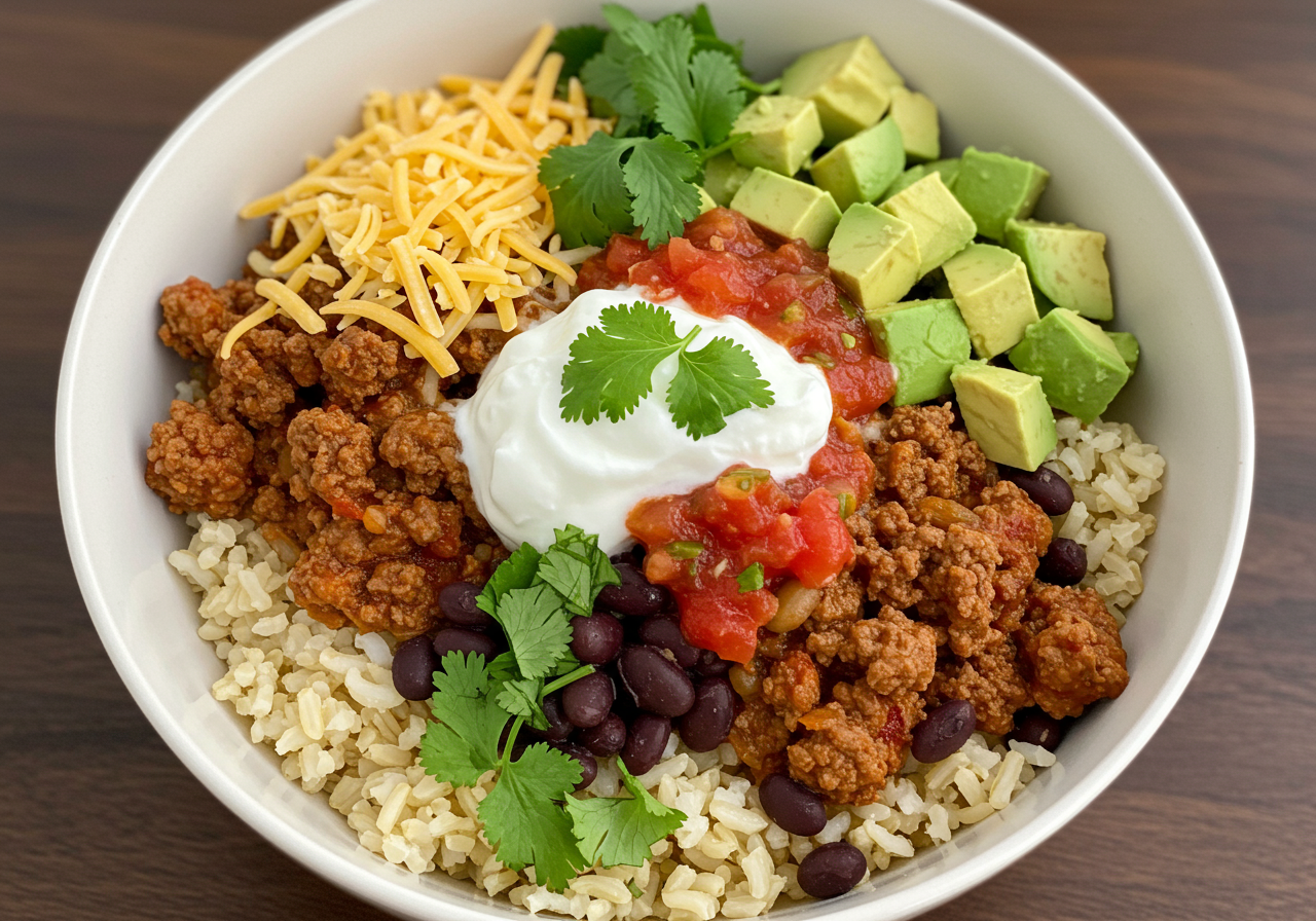 Ground Beef & Black Bean Taco Fiesta Bowls