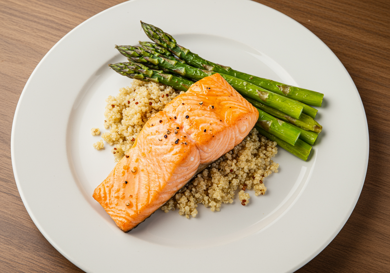 Maple Glazed Salmon with Quinoa and Roasted Asparagus