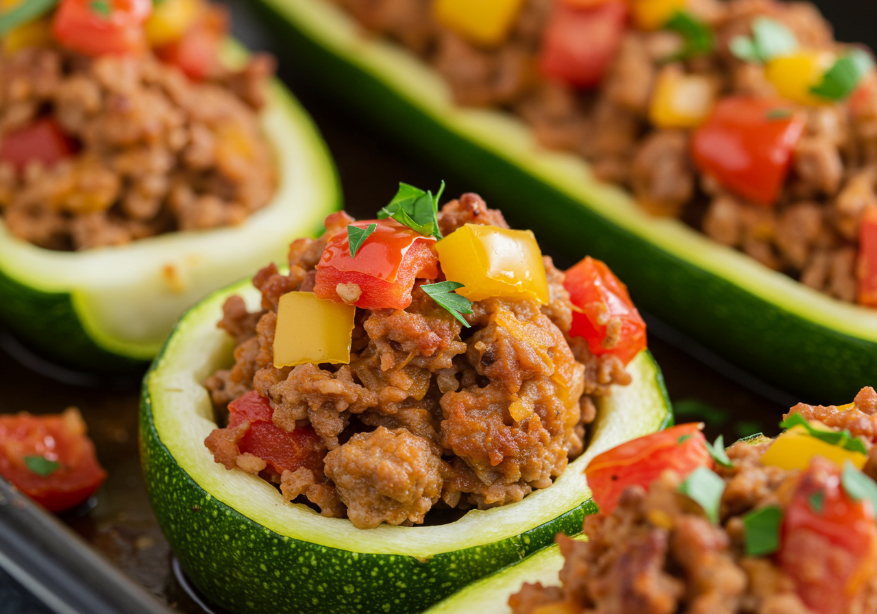 Bell Pepper and Ground Beef Stuffed Zucchinis