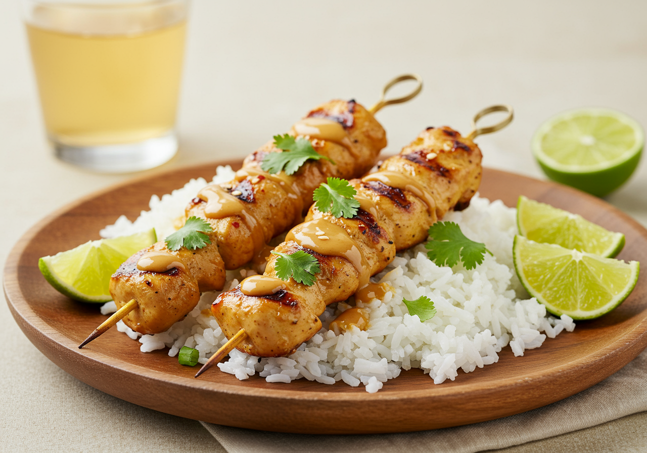 Gourmet Peanut Butter Chicken Satay Skewers with Coconut Rice
