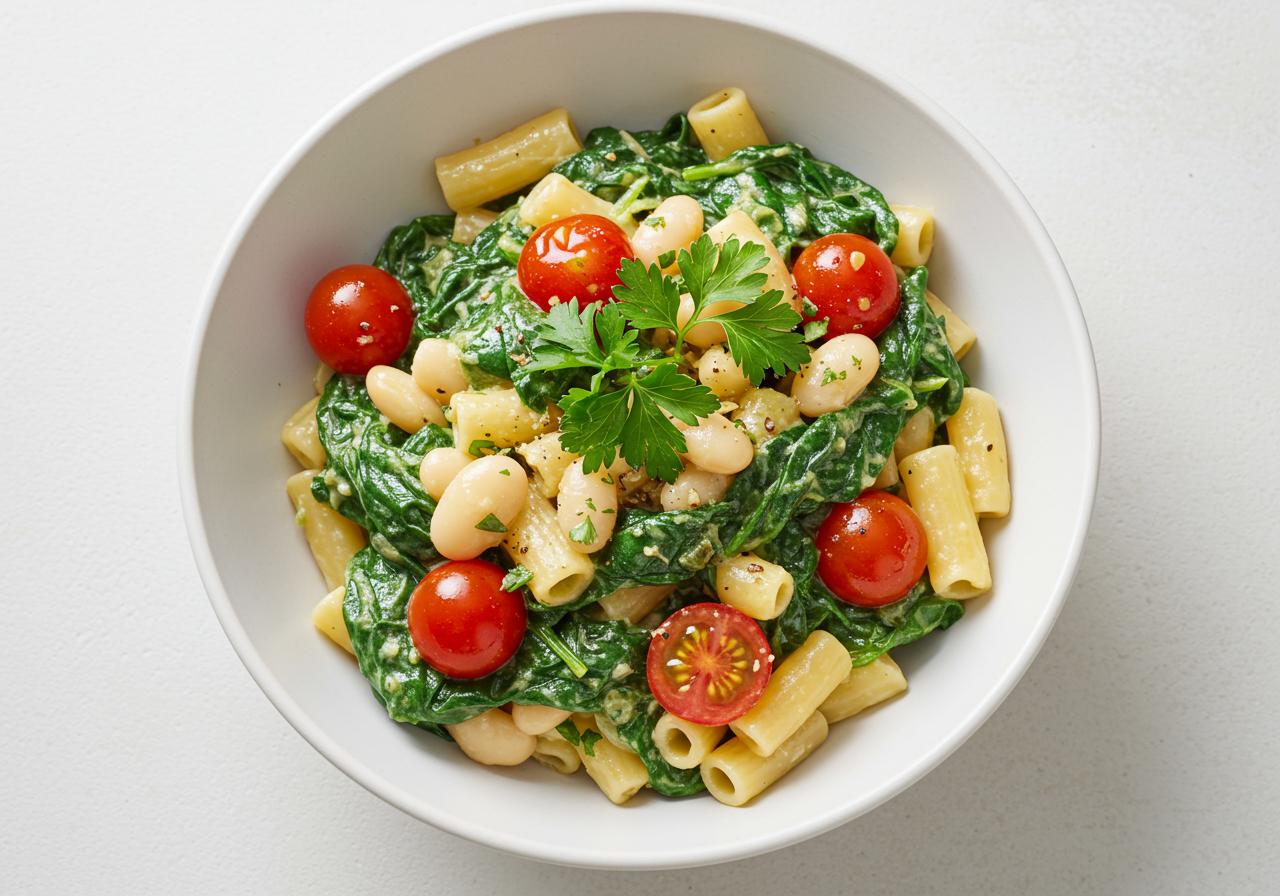 Lemony White Bean Pasta with Spinach and Tomatoes