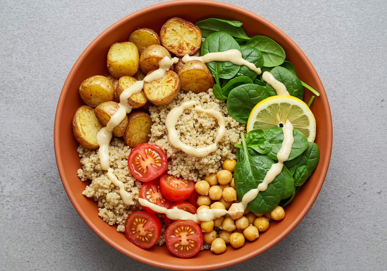 Mediterranean Quinoa Bowl with Potatoes, Tomatoes & Chickpeas
