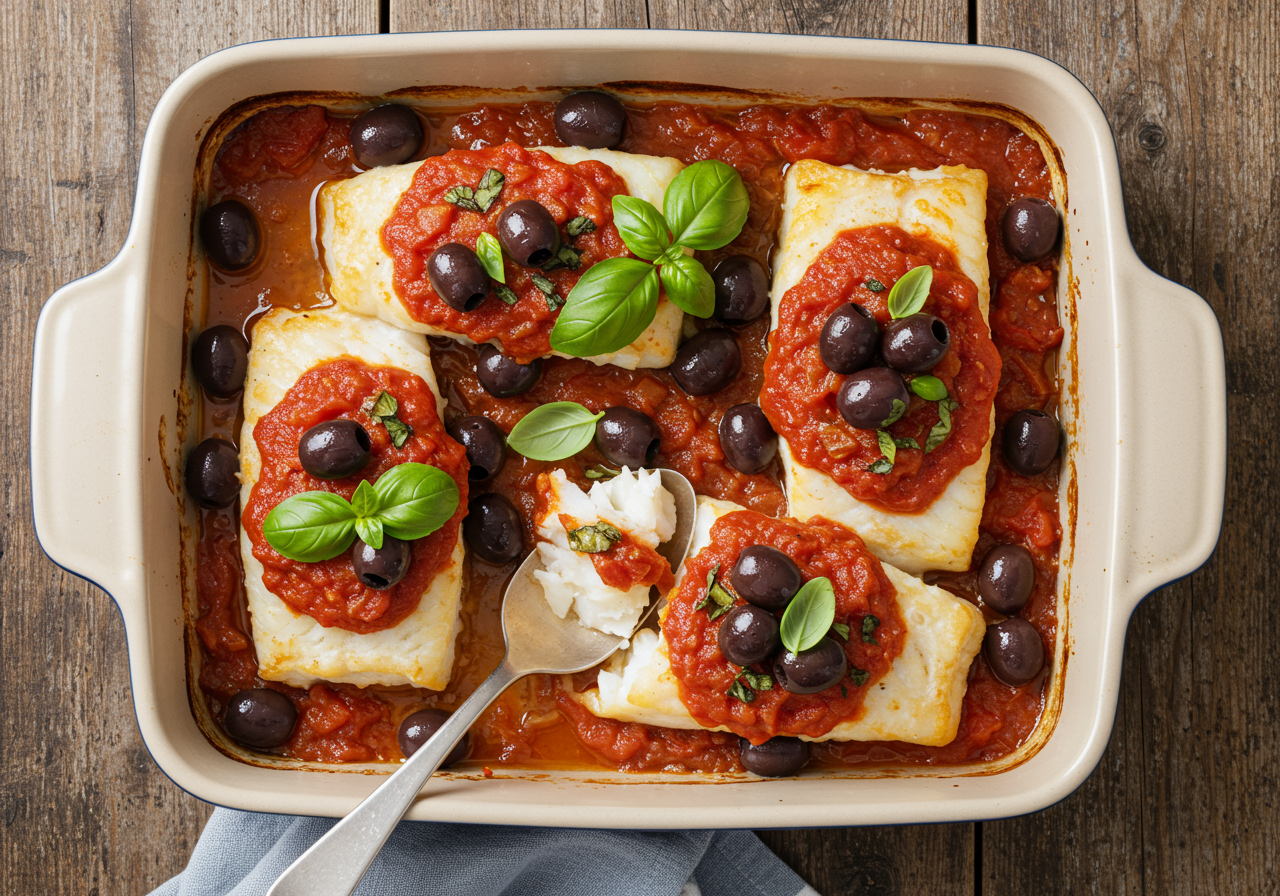 Baked Cod with Tomato and Olive Sauce