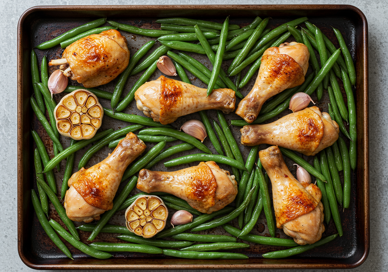 Roasted Chicken Drumsticks with Green Beans and Garlic