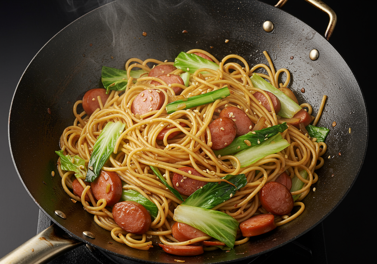 Spring Cabbage and Sausage Stir-Fry with Egg Noodles