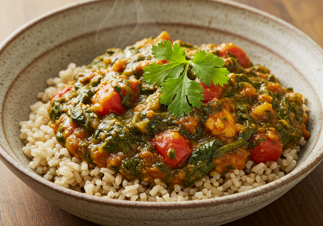 Spinach and Tomato Curry with Brown Rice