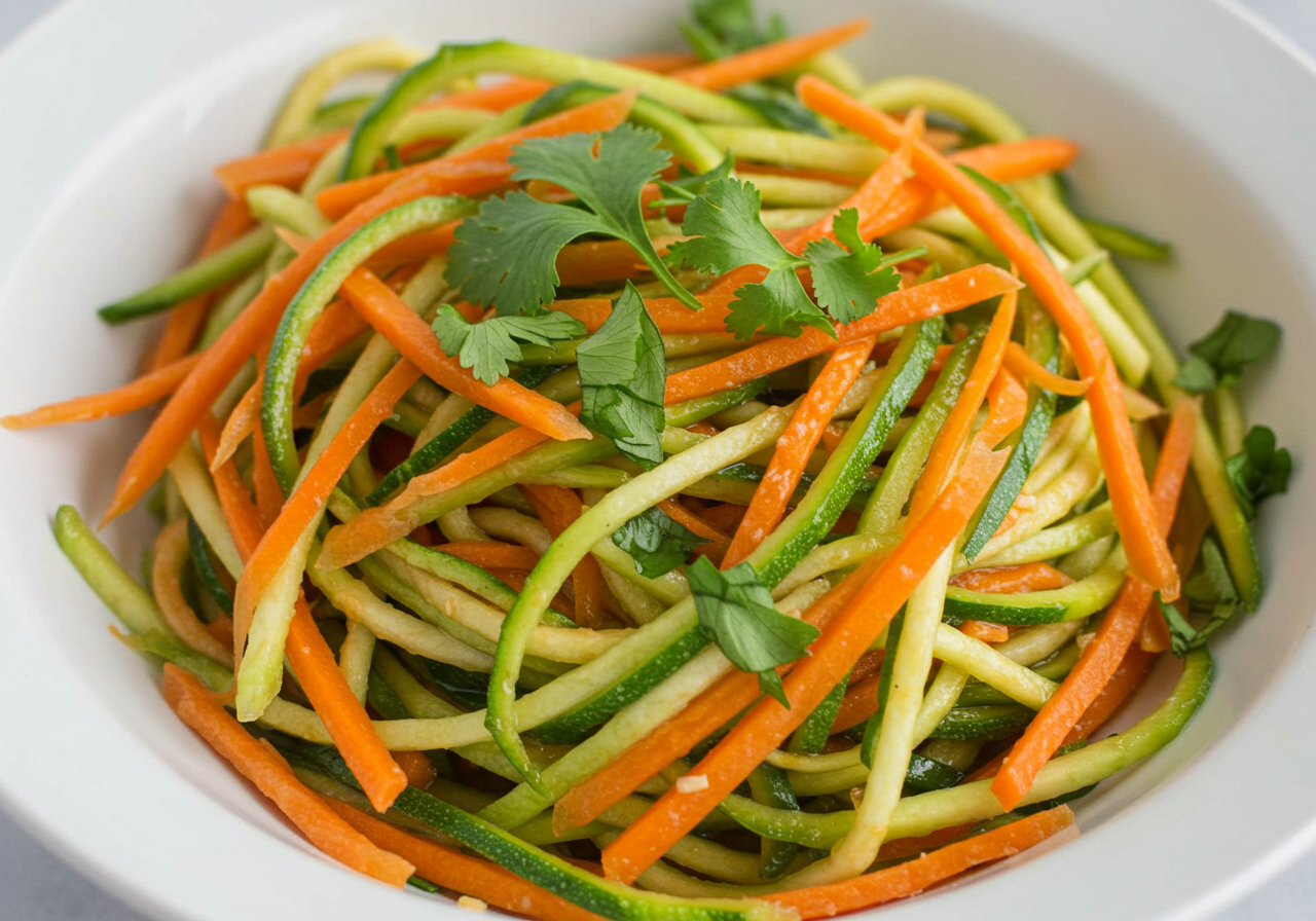 Raw Zucchini and Carrot Noodle Salad with Spicy Peanut-Ginger Sauce