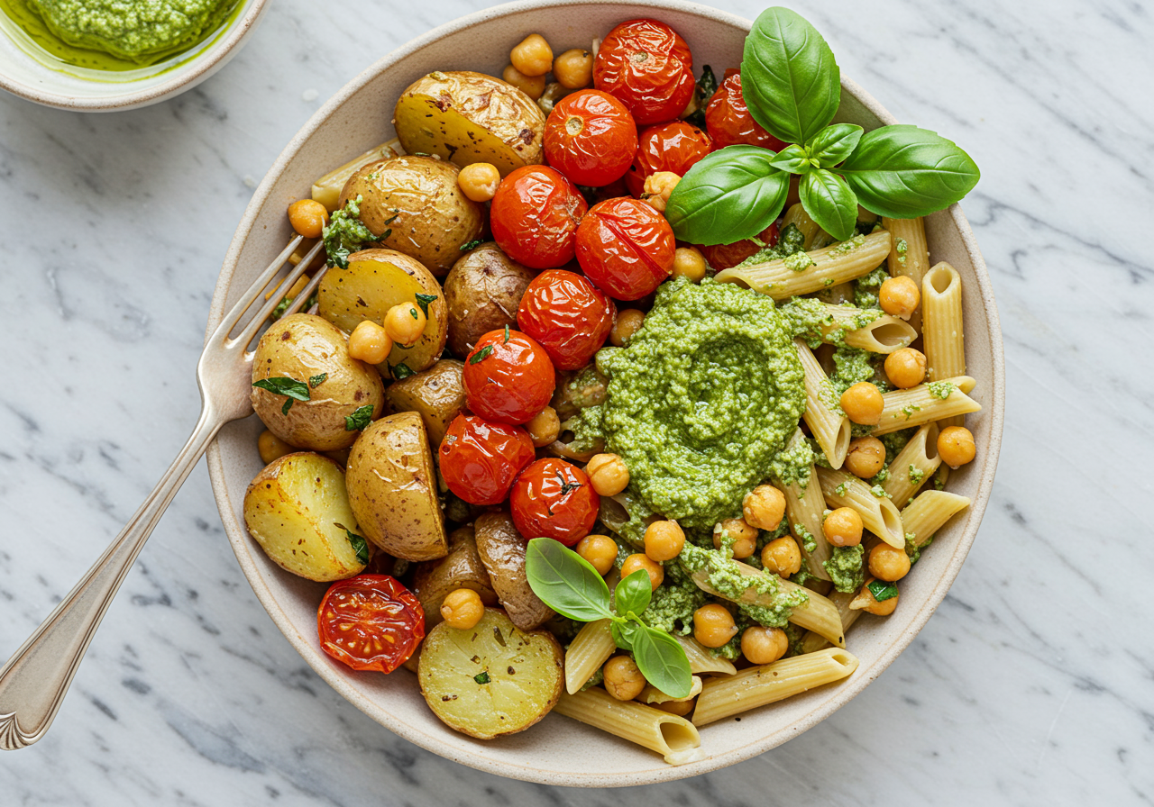 Italian Roasted Potato, Tomato, and Chickpea Bowl with Pesto