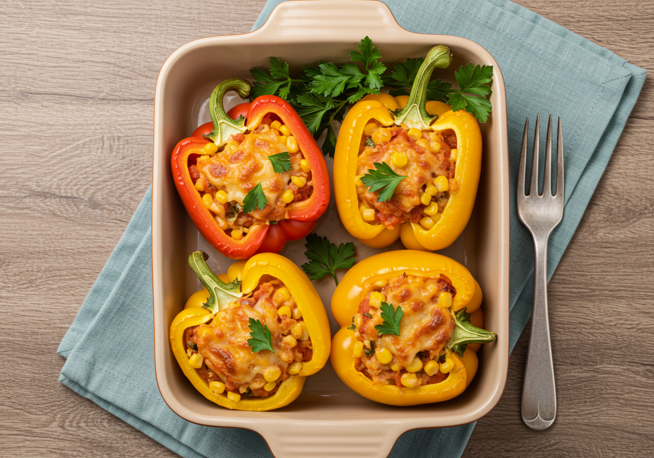 Corn and Chicken Stuffed Peppers with Herbs and Tomato