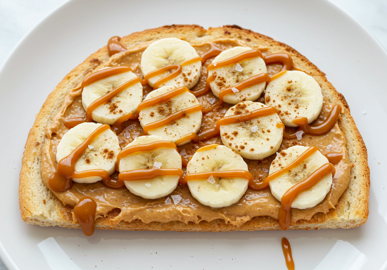 Gourmet Peanut Butter & Banana Breakfast Pizza Toast with Salted Caramel Drizzle