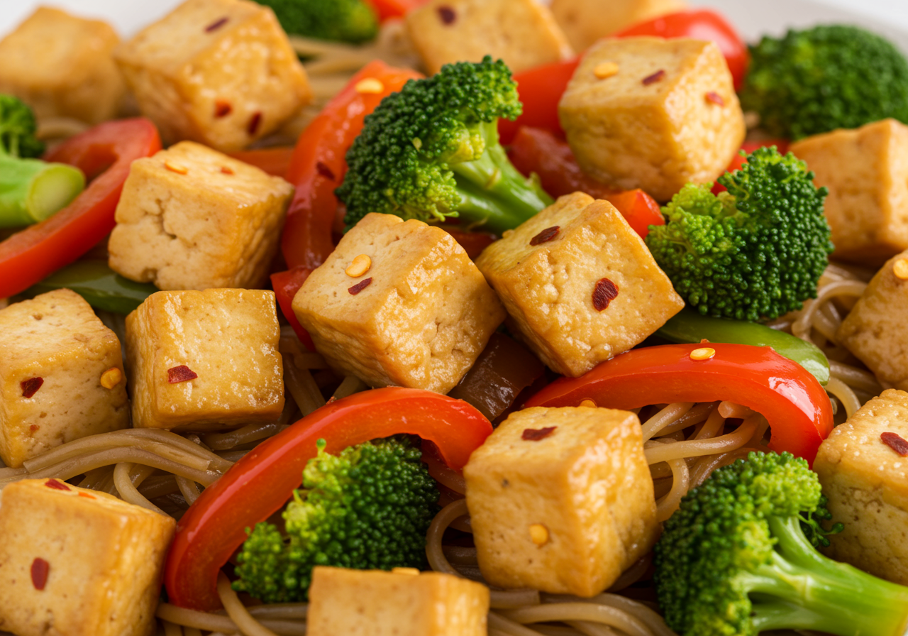 Chinese Tofu Stir-Fry with Rice Noodles