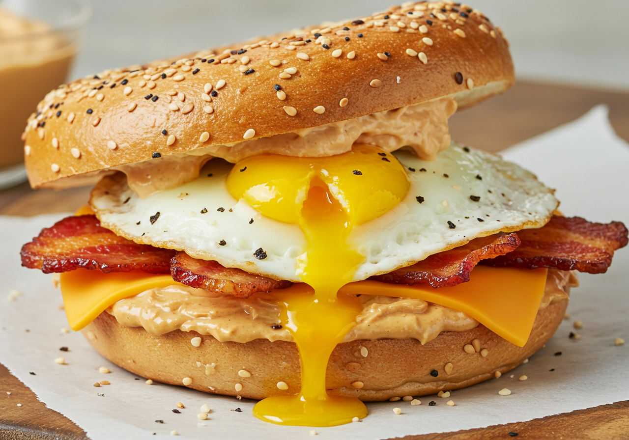 Gourmet Breakfast Bagel Sandwich with Maple Bacon and Sriracha Aioli