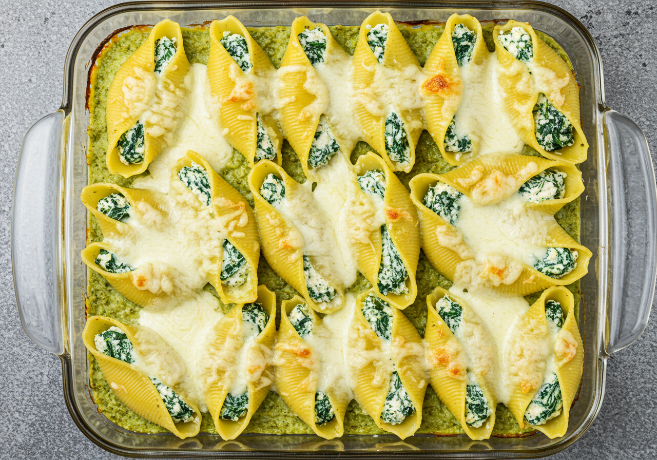 Spinach and Ricotta Stuffed Shells with Creamy Pesto Sauce