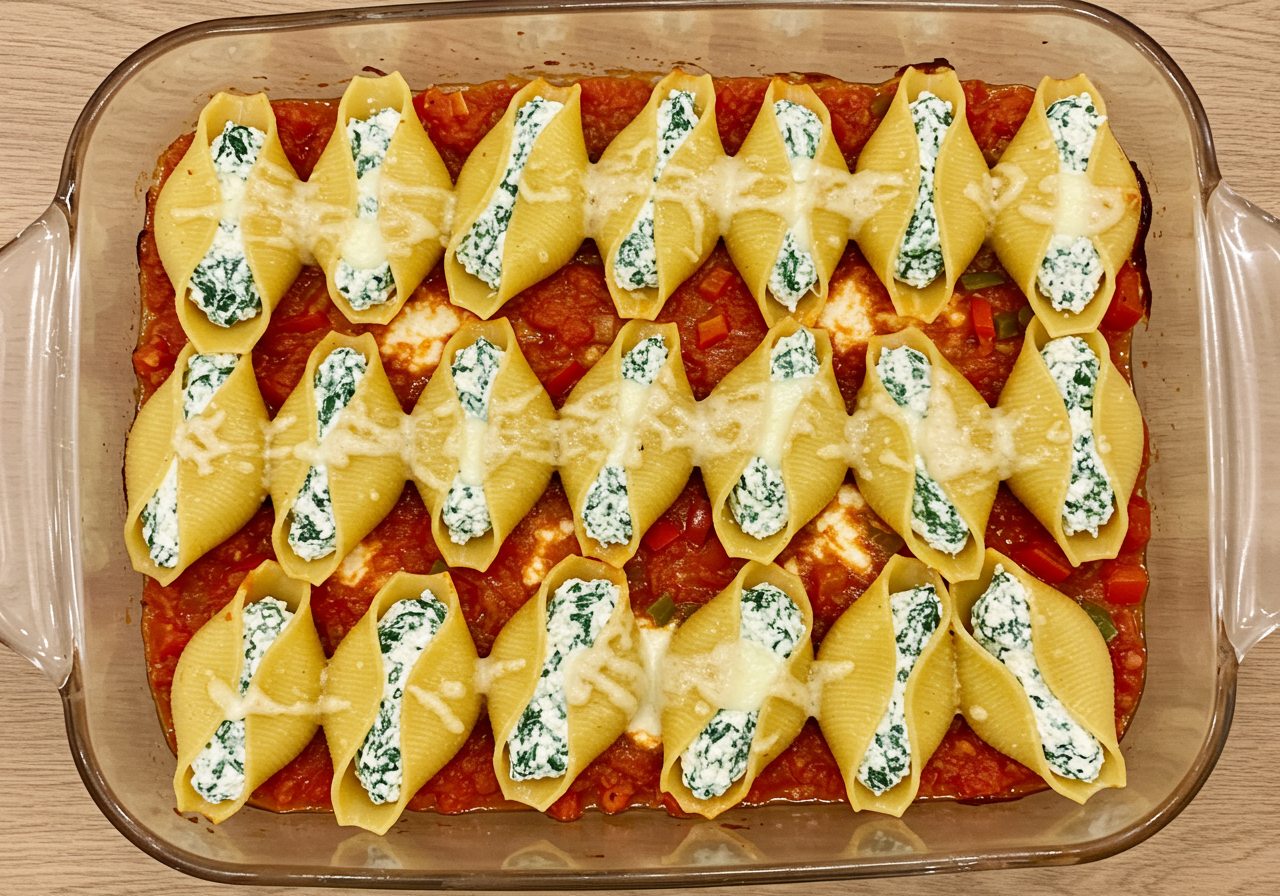 Spinach and Ricotta Stuffed Shells with Bell Pepper Marinara