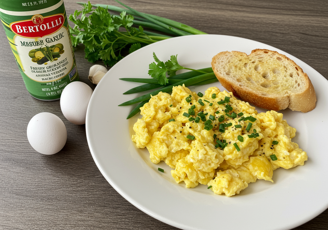 Herb and Garlic Infused Olive Oil Scrambled Eggs with Toasted Baguette
