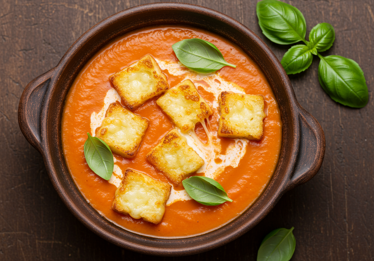 Creamy Tomato Soup with Grilled Cheese Croutons
