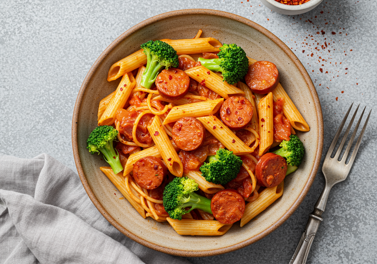 Broccoli & Tomato Pasta with Spicy Chorizo (Spanish)