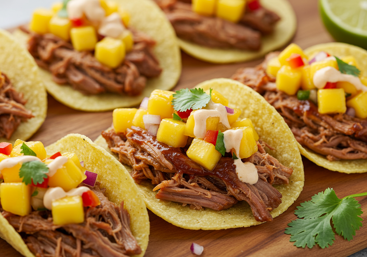 Gourmet Pulled Pork Tacos with Spicy Mango Salsa and Chipotle Crema