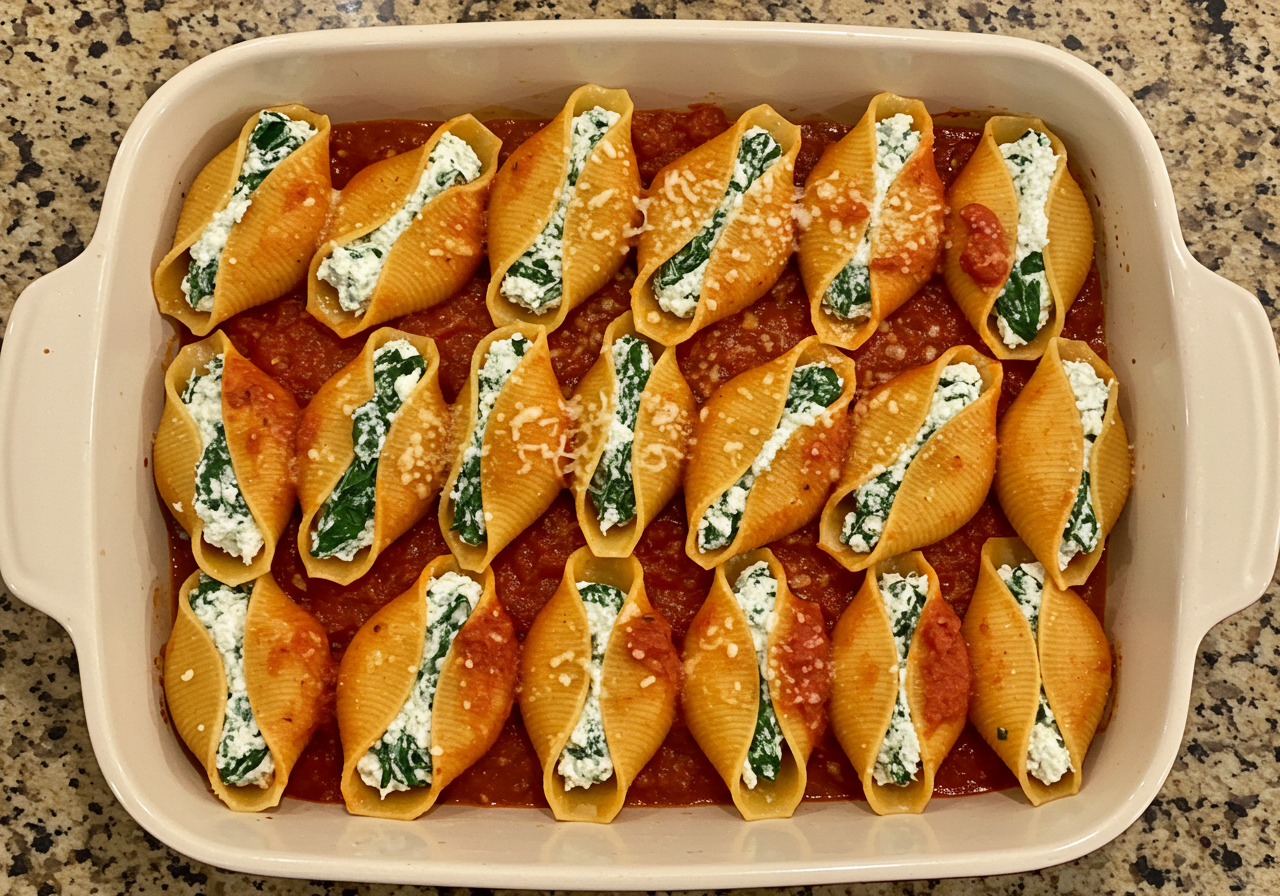 Sausage and Ricotta Stuffed Shells with Spinach