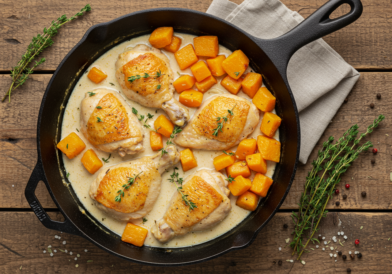 Creamy Milk-Braised Chicken with Sautéed Squash