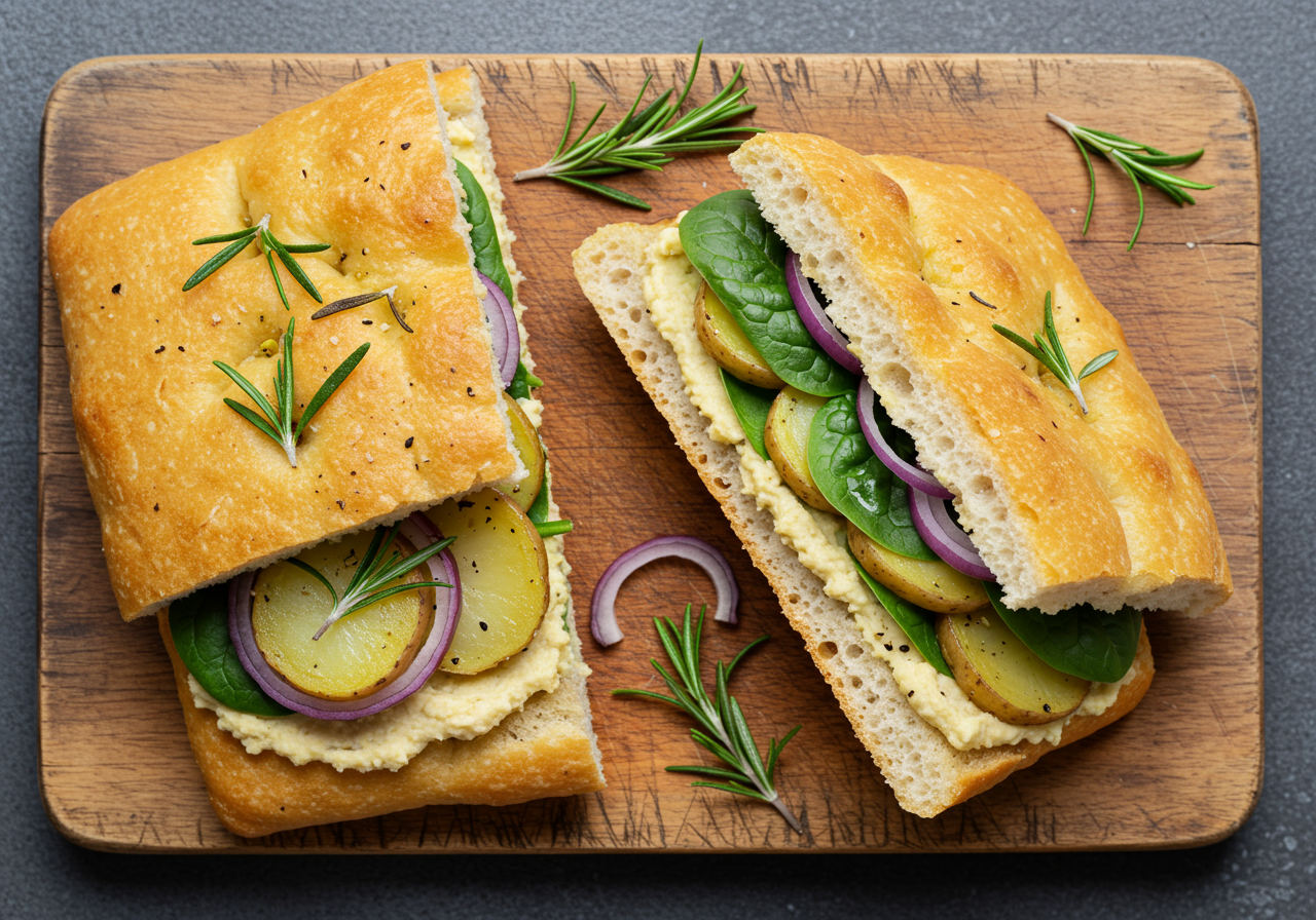 Vegan Potato and Onion Focaccia Sandwich with Hummus