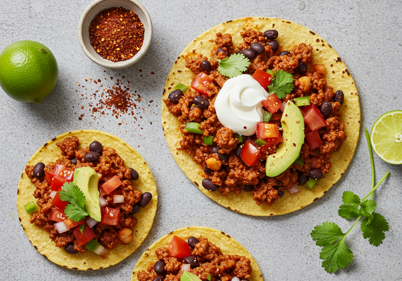 Spicy Ground Beef and Black Bean Tostadas with Chipotle-Lime Crema