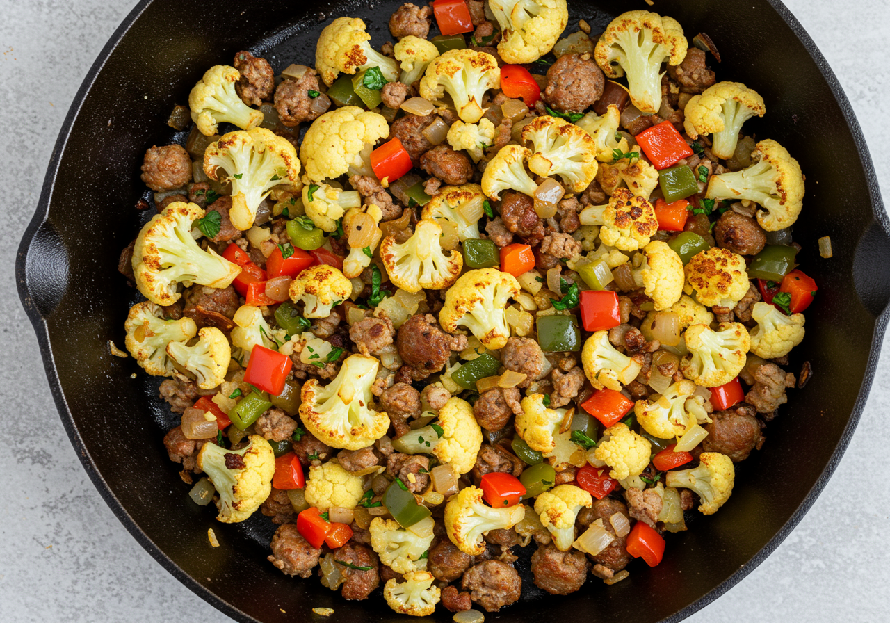 Cauliflower Hash with Italian Sausage and Peppers