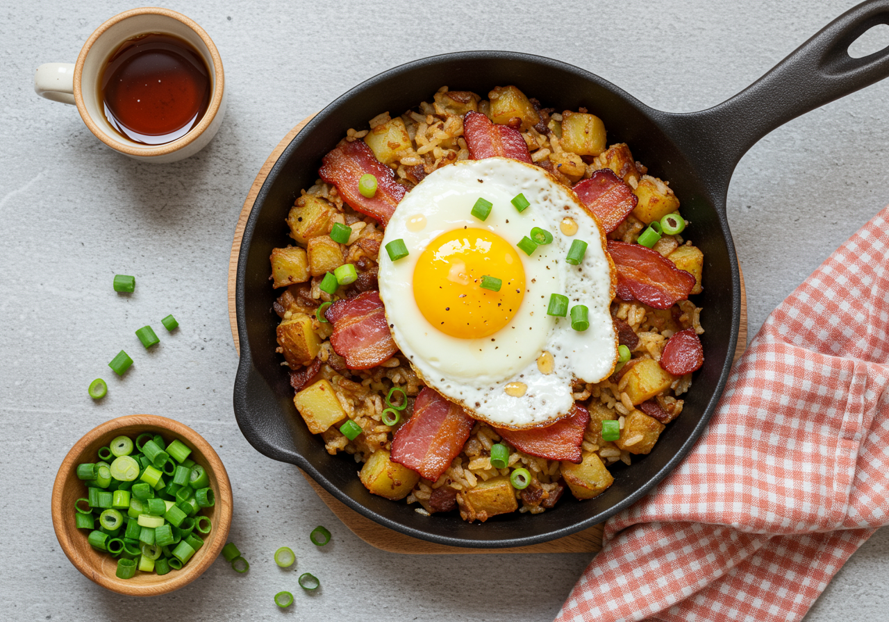 Canadian Rice & Egg Hash with Bacon